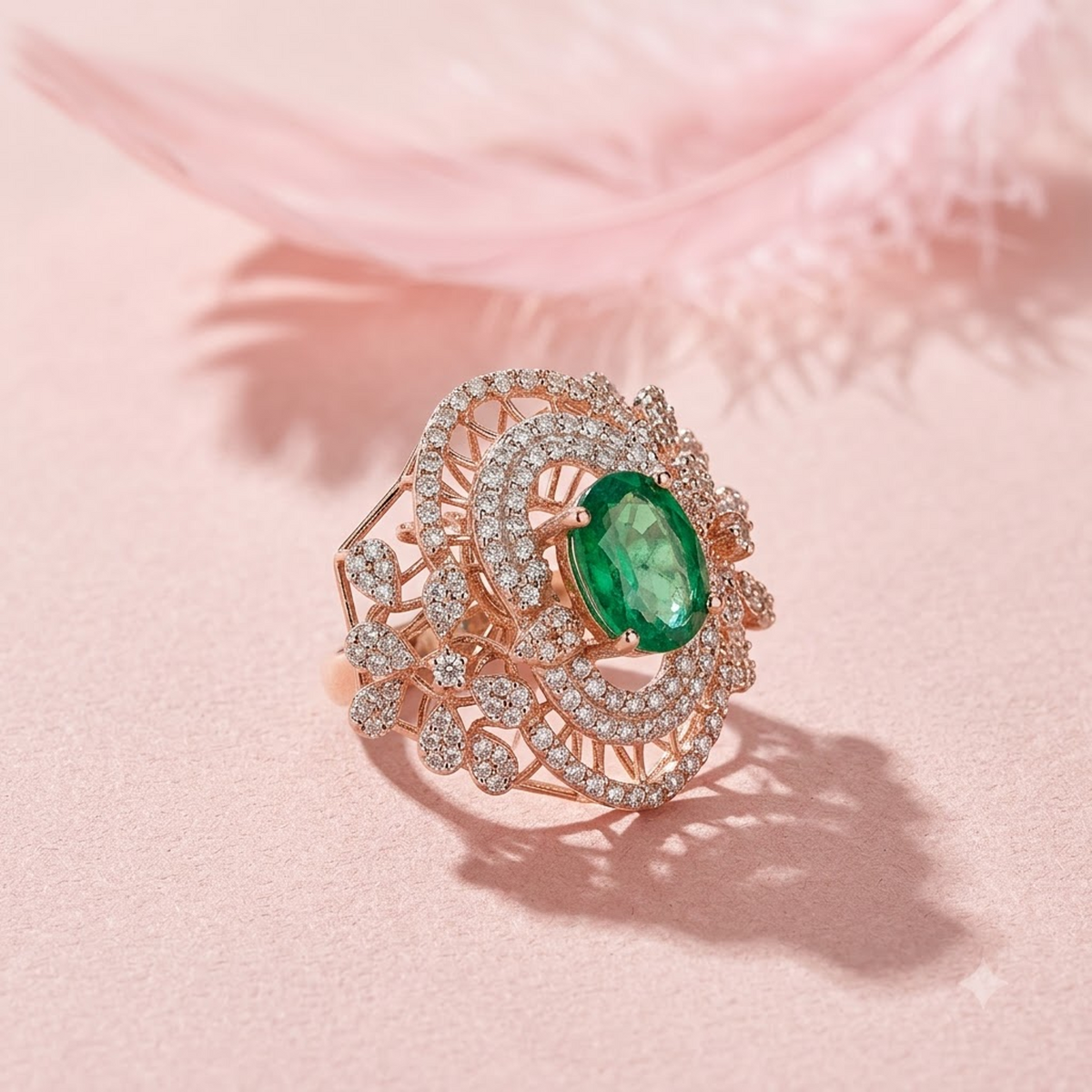 Rose Gold Emerald & Diamond Swirl Ring