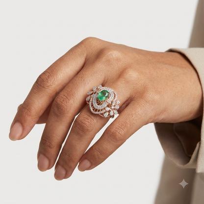 Rose Gold Emerald & Diamond Swirl Ring