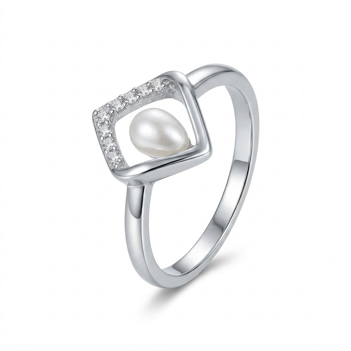 Geometric Open-Frame Pearl Ring