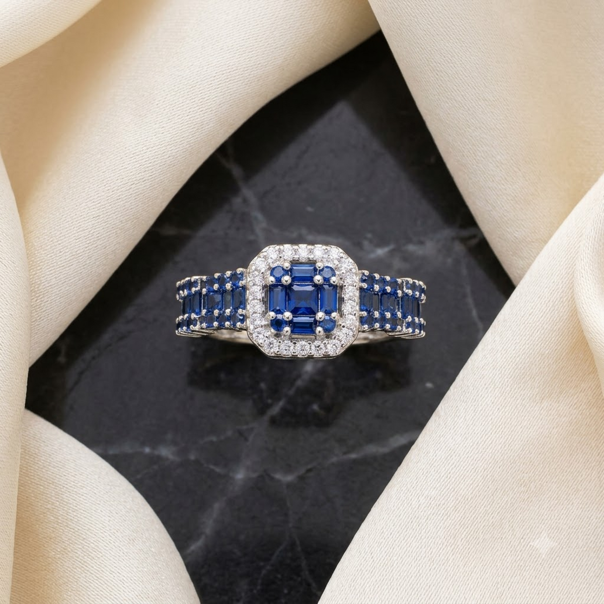Sapphire Mosaic Halo Cocktail Ring