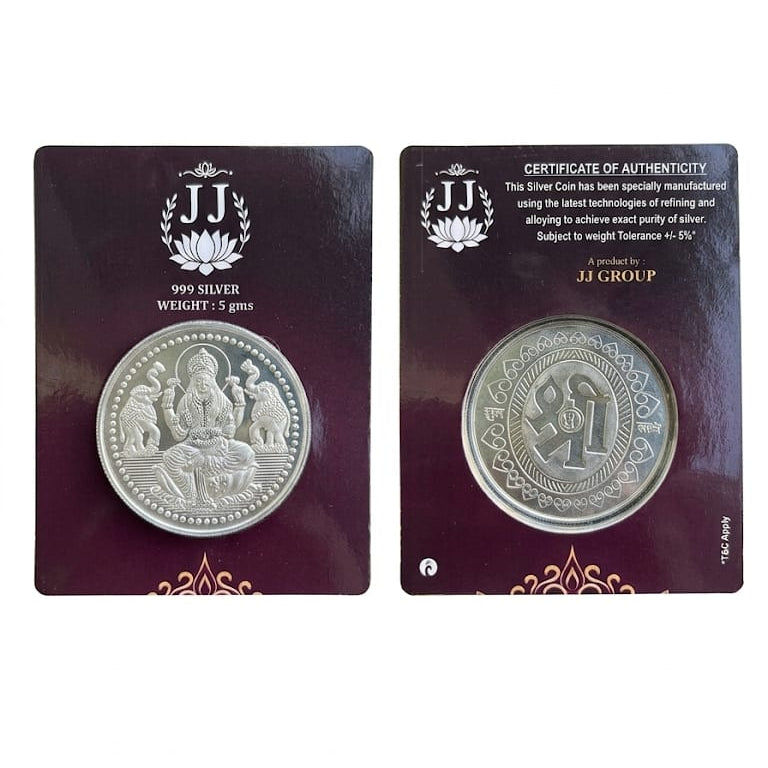 A 1999 Indian 2.5 gram silver coin presented in two views on dark maroon cards: one showing the coin front with the Jyotiba inscription, and the other showing the reverse with the Elephant symbol, alongside a certificate of authenticity.