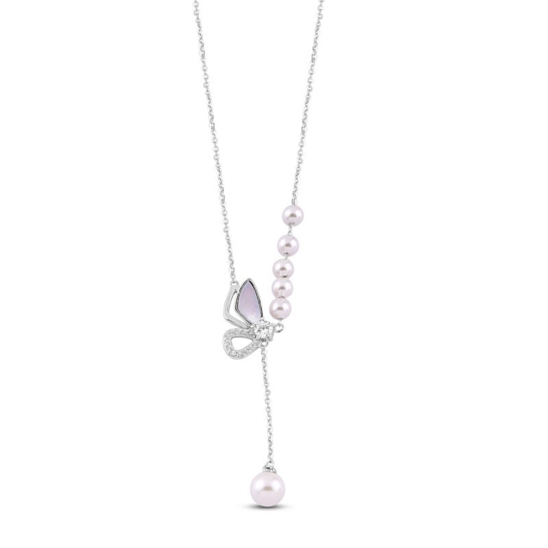 Silver Fluttering Butterfly Pearls Necklace with Link Chain